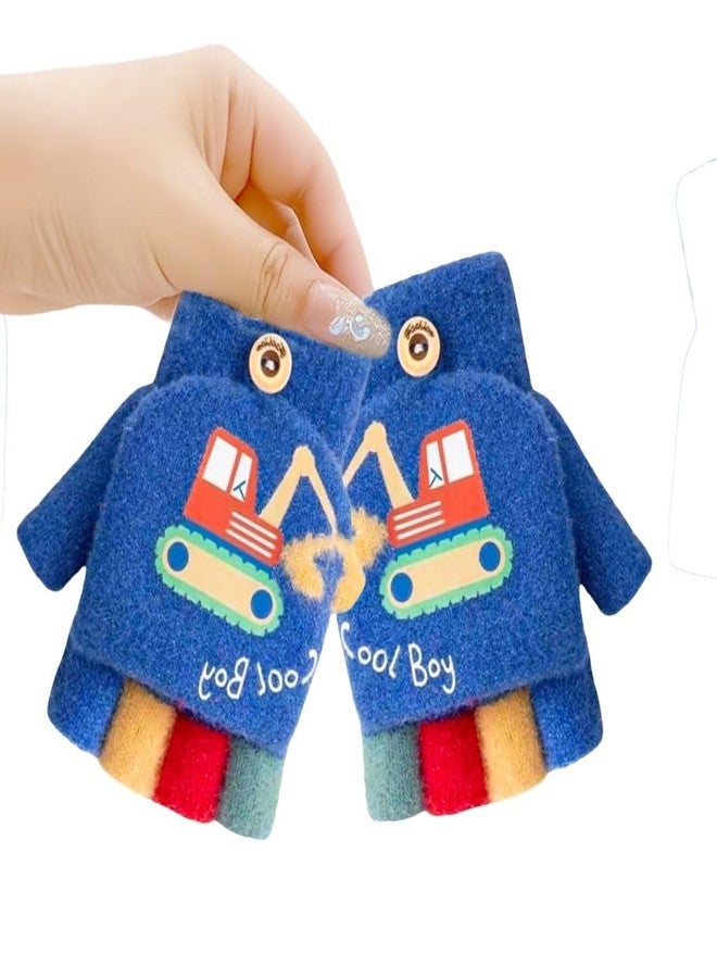 SOLDTRUE Baby Wool Soft Gloves | Mini Buldozor Design 2-in-1 Convertible Full & Half Finger Mittens | Warm, Windproof & Winter Gloves for Kids 4-9 Years, Ideal for Christmas & Birthday (Blue) - Image 1