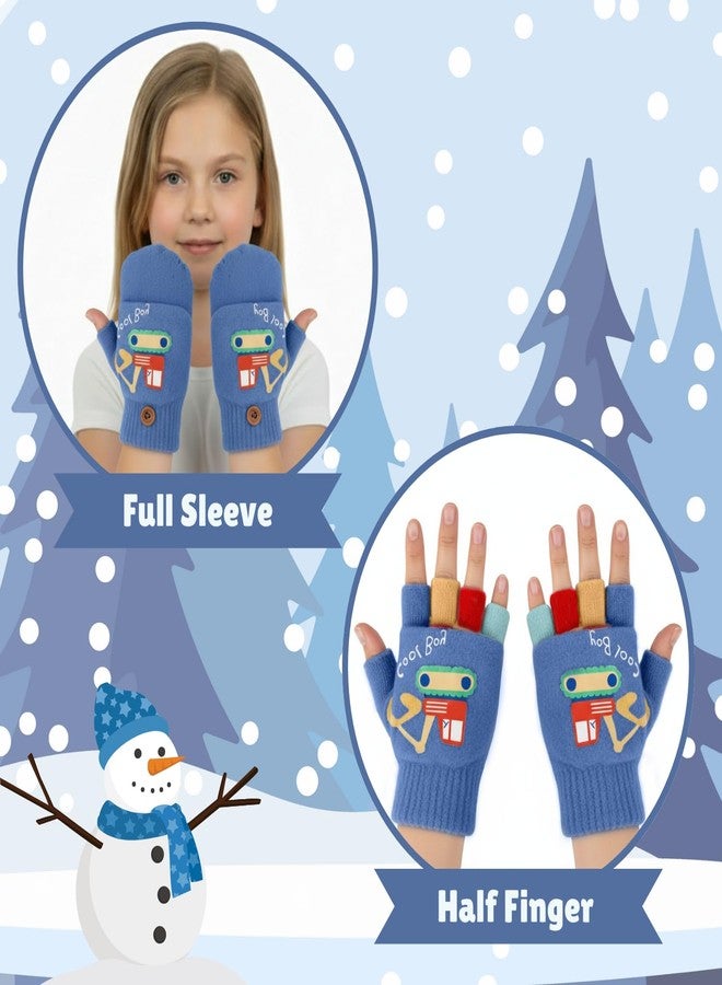 SOLDTRUE Baby Wool Soft Gloves | Mini Buldozor Design 2-in-1 Convertible Full & Half Finger Mittens | Warm, Windproof & Winter Gloves for Kids 4-9 Years, Ideal for Christmas & Birthday (Blue) - Image 4