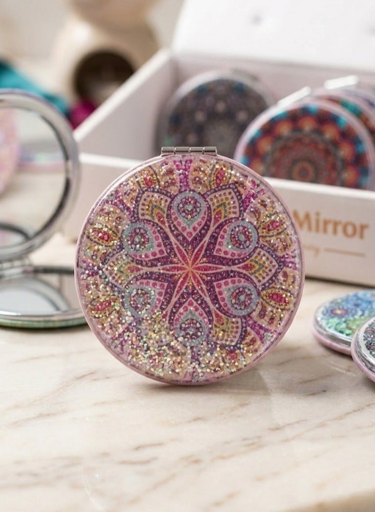 مراية جيب ميني بتصميم ماندالا جليتر - مرآة مكياج محمولة مزدوجة (عادية ومكبرة)، قطر 7 سم - مثالية للشنطة والسفر والهدايا - متوفرة بأشكال وألوان متنوعة. - Image 5