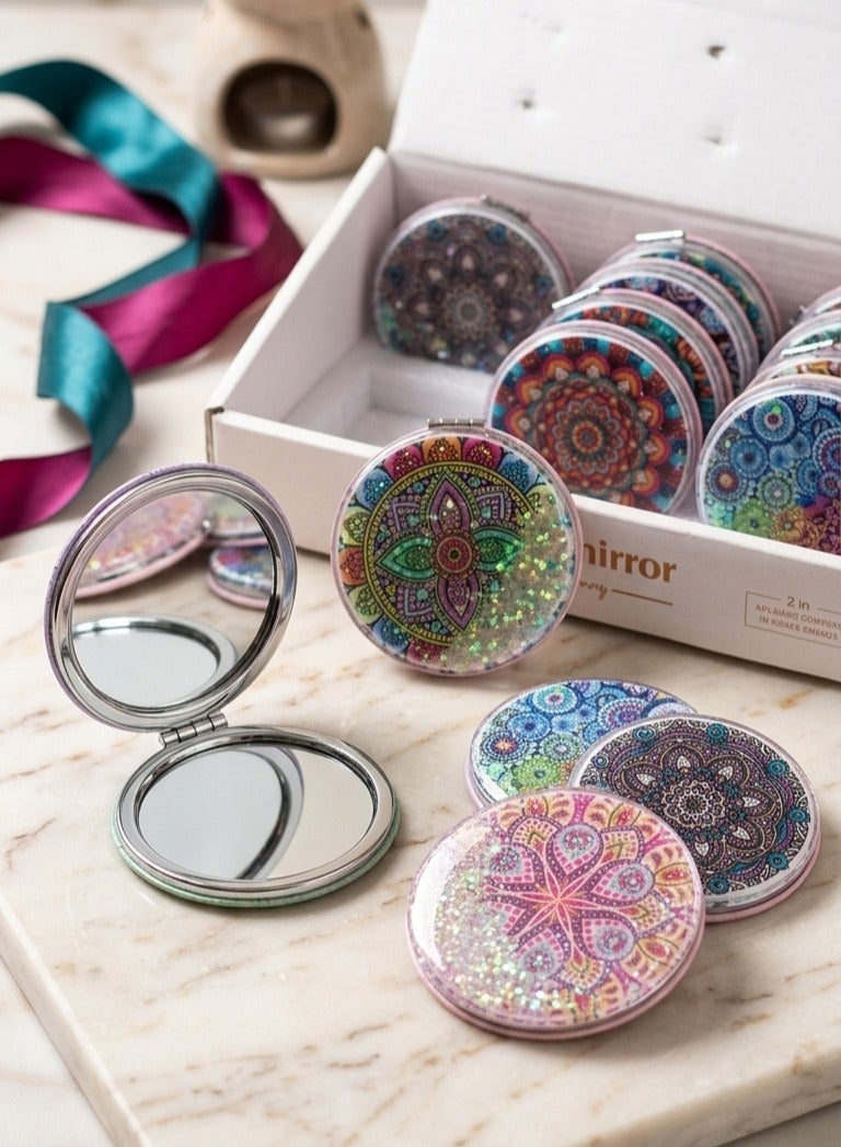 مراية جيب ميني بتصميم ماندالا جليتر - مرآة مكياج محمولة مزدوجة (عادية ومكبرة)، قطر 7 سم - مثالية للشنطة والسفر والهدايا - متوفرة بأشكال وألوان متنوعة. - Image 1