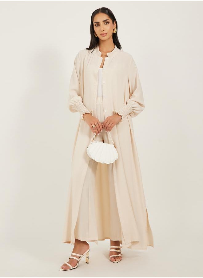 Styli Bishop Sleeve Buttoned Longline Shirt with Wide Leg Pants Set  - Image 1