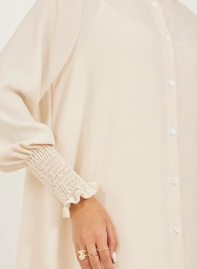 Styli Bishop Sleeve Buttoned Longline Shirt with Wide Leg Pants Set