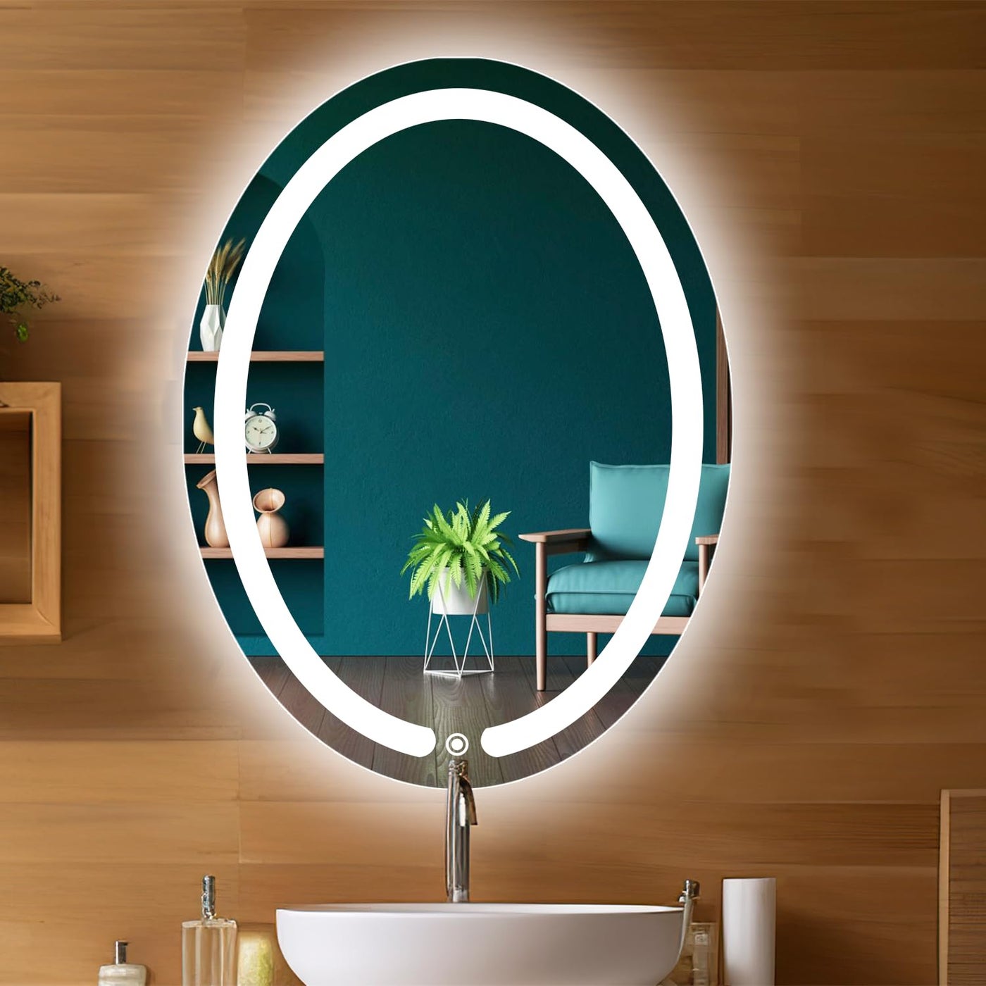 Sunsyze Led Mirror 2418 Oval Touch Sensor Mirror for makup and Grooming Bathroom wash Basin Vanity Lighted Mirror Backlit 3in1 Oval Wall Mount Unframed