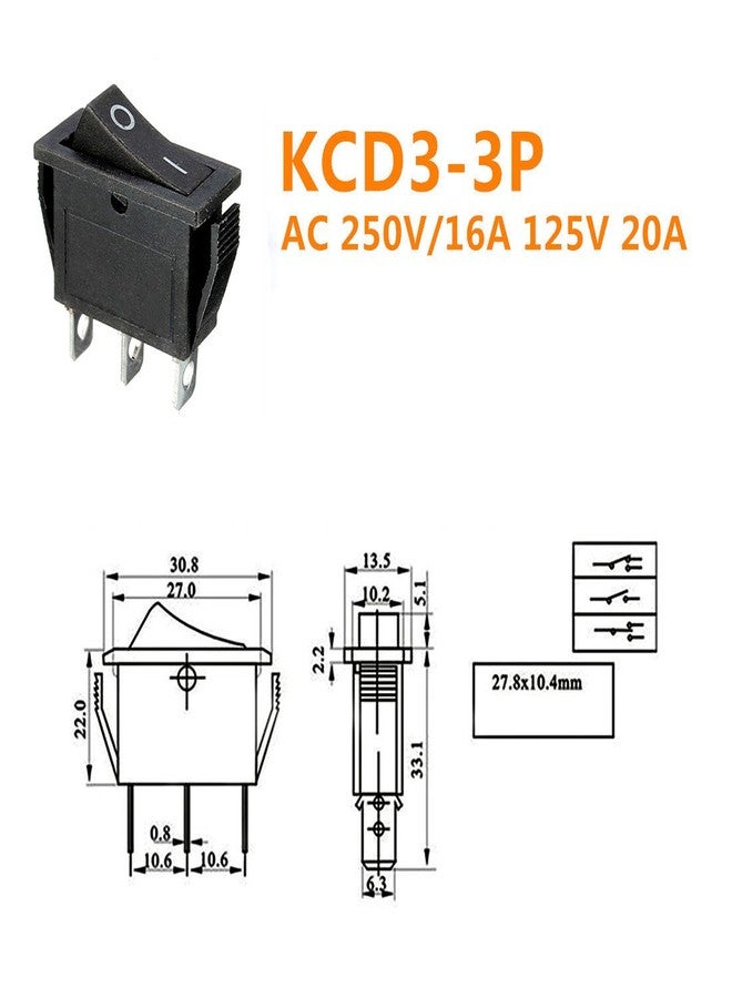 مفتاح هزاز Ganasome KCD3-3P مكون من 5 قطع - 3 أطراف SPST، تيار متردد 16 أمبير/250 فولت، 20 أمبير/125 فولت، أسود، مقاوم للماء بمعيار IP66، يُركب على اللوحة مع موصلات نحاسية - Image 4