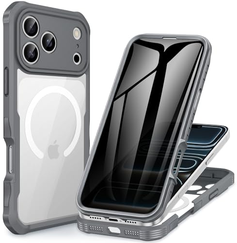 CENHUFO Magnetic Privacy for iPhone 17 Pro Max Case Compatible with Magsafe Full Body Phone Case Builtin 9H Tempered Glass Privacy Screen Protector Camera Protection Shockproof Cover Grey - Image 1