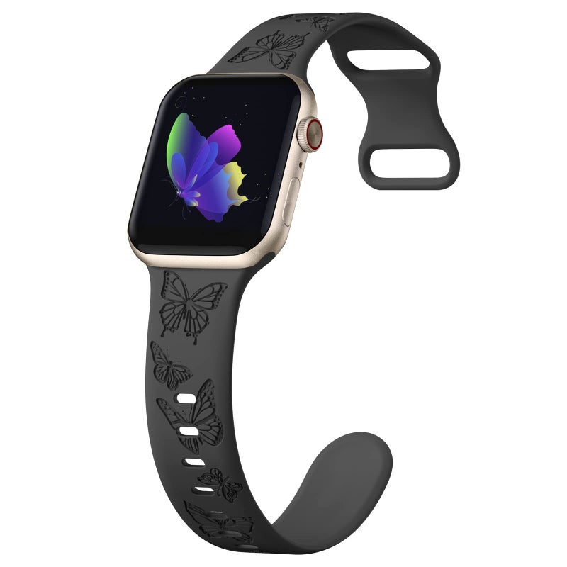 IKANFI Butterfly Engraved Bands Compatible with Apple Watch Band 41mm 40mm 38mm Women, Silicone Sport Strap for iWatch Series SE 10 9 8 7 6 5 4 3 2 1 Ultra.BK38 - Image 3