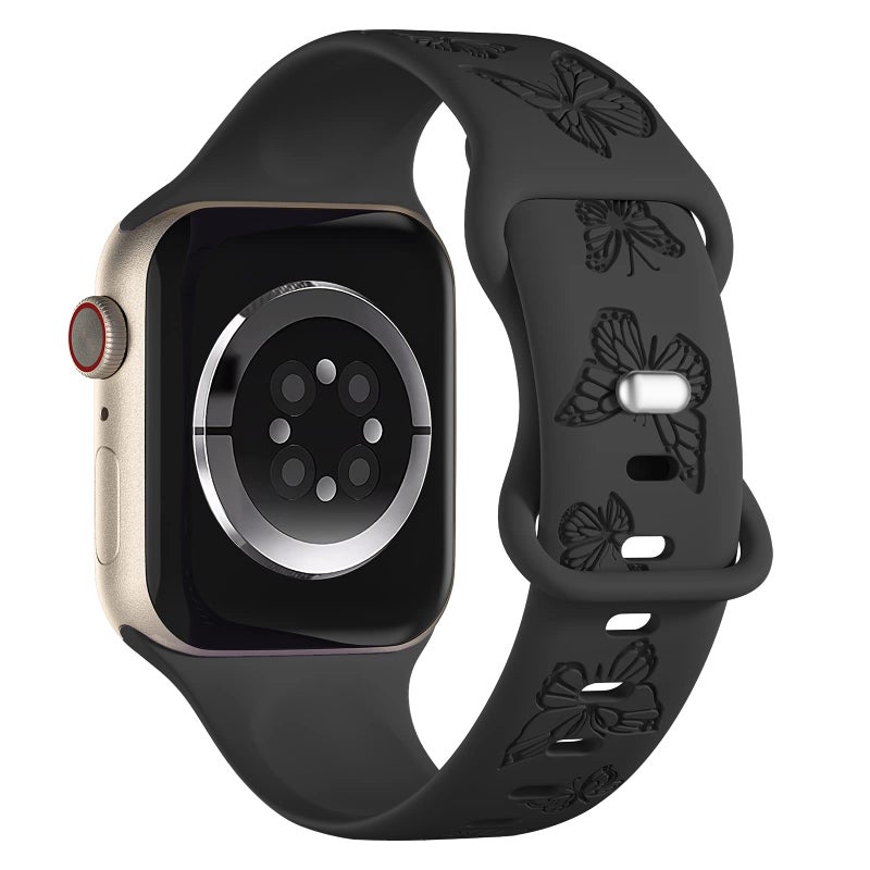 IKANFI Butterfly Engraved Bands Compatible with Apple Watch Band 41mm 40mm 38mm Women, Silicone Sport Strap for iWatch Series SE 10 9 8 7 6 5 4 3 2 1 Ultra.BK38 - Image 2