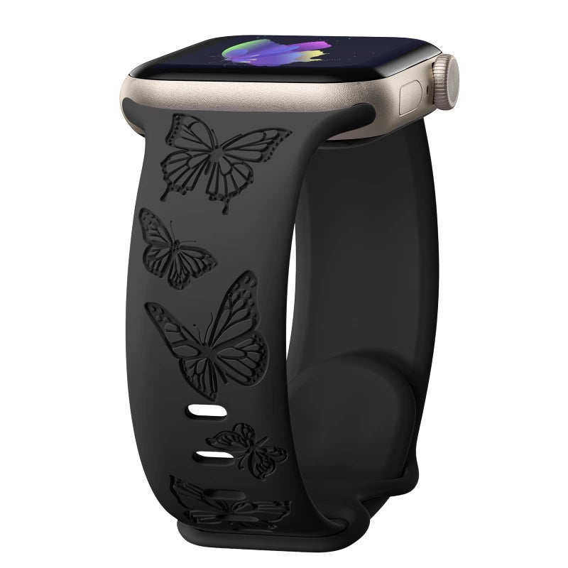 IKANFI Butterfly Engraved Bands Compatible with Apple Watch Band 41mm 40mm 38mm Women, Silicone Sport Strap for iWatch Series SE 10 9 8 7 6 5 4 3 2 1 Ultra.BK38 - Image 1