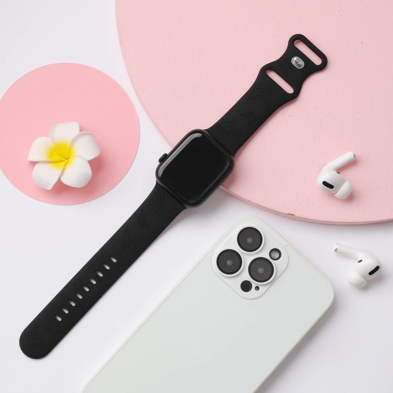 IKANFI Butterfly Engraved Bands Compatible with Apple Watch Band 41mm 40mm 38mm Women, Silicone Sport Strap for iWatch Series SE 10 9 8 7 6 5 4 3 2 1 Ultra.BK38 - Image 5