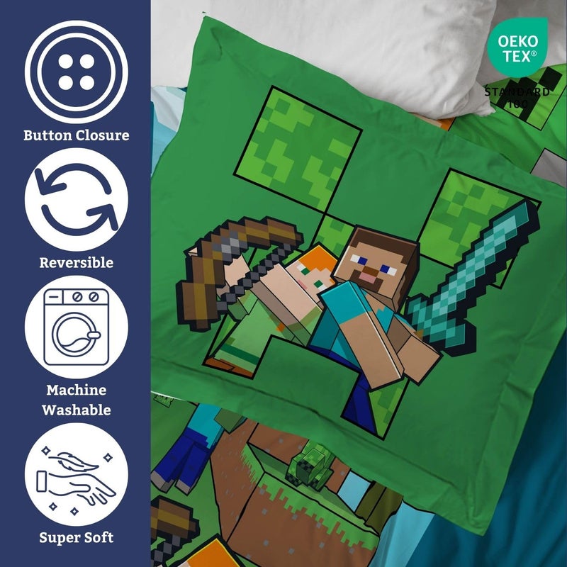 Jay Franco Kids Duvet Cover Set â€“ 3 Piece Super Soft Bedding with Sham Pillowcase, Cover ONLY Comforter Not Included, Blue - Minecraft, Full - Image 3