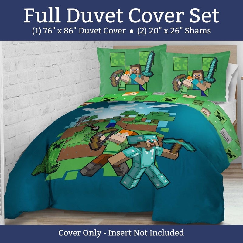 Jay Franco Kids Duvet Cover Set â€“ 3 Piece Super Soft Bedding with Sham Pillowcase, Cover ONLY Comforter Not Included, Blue - Minecraft, Full - Image 2