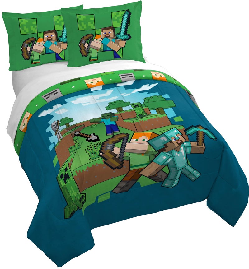 Jay Franco Kids Duvet Cover Set â€“ 3 Piece Super Soft Bedding with Sham Pillowcase, Cover ONLY Comforter Not Included, Blue - Minecraft, Full - Image 1