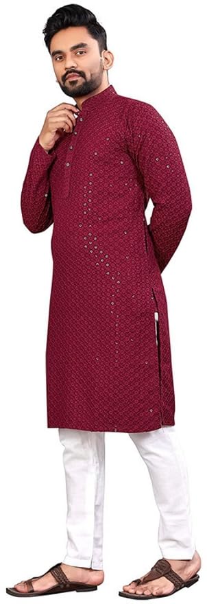 LookMark Present Men's Pure Rayon Chikankari Sequins Kurta||Men's Chikankari Maroon Coloured Kurta|| AZ-LM-OG-Kurta 11 Maroon-XL - Image 4