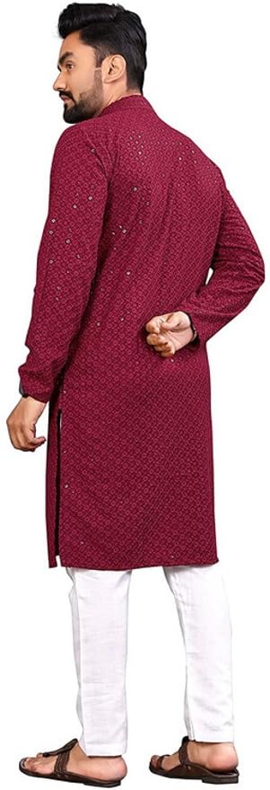 LookMark Present Men's Pure Rayon Chikankari Sequins Kurta||Men's Chikankari Maroon Coloured Kurta|| AZ-LM-OG-Kurta 11 Maroon-XL - Image 3