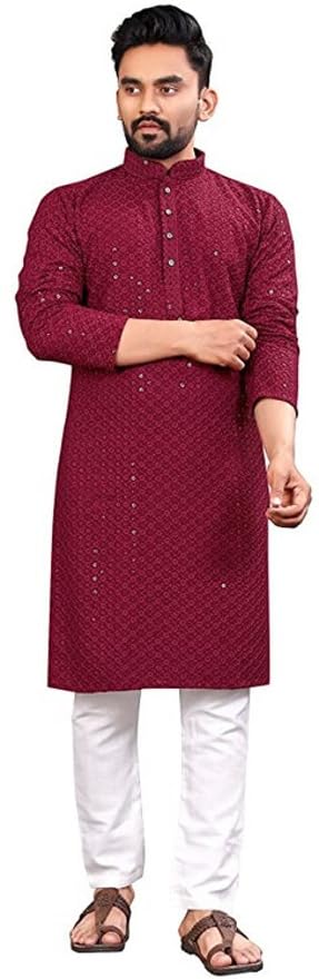 LookMark Present Men's Pure Rayon Chikankari Sequins Kurta||Men's Chikankari Maroon Coloured Kurta|| AZ-LM-OG-Kurta 11 Maroon-XL - Image 2