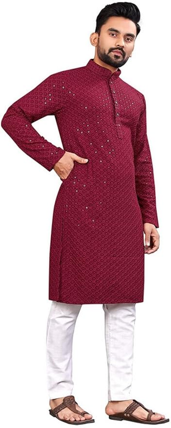 LookMark Present Men's Pure Rayon Chikankari Sequins Kurta||Men's Chikankari Maroon Coloured Kurta|| AZ-LM-OG-Kurta 11 Maroon-XL - Image 5