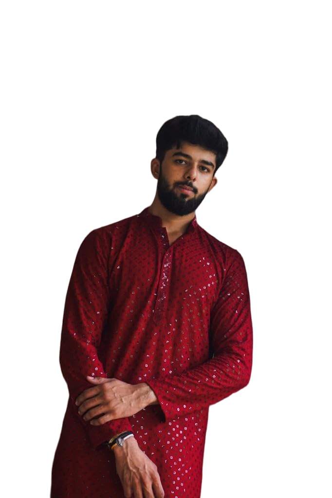 LookMark Present Men's Pure Rayon Chikankari Sequins Kurta||Men's Chikankari Maroon Coloured Kurta|| AZ-LM-OG-Kurta 11 Maroon-XL - Image 1