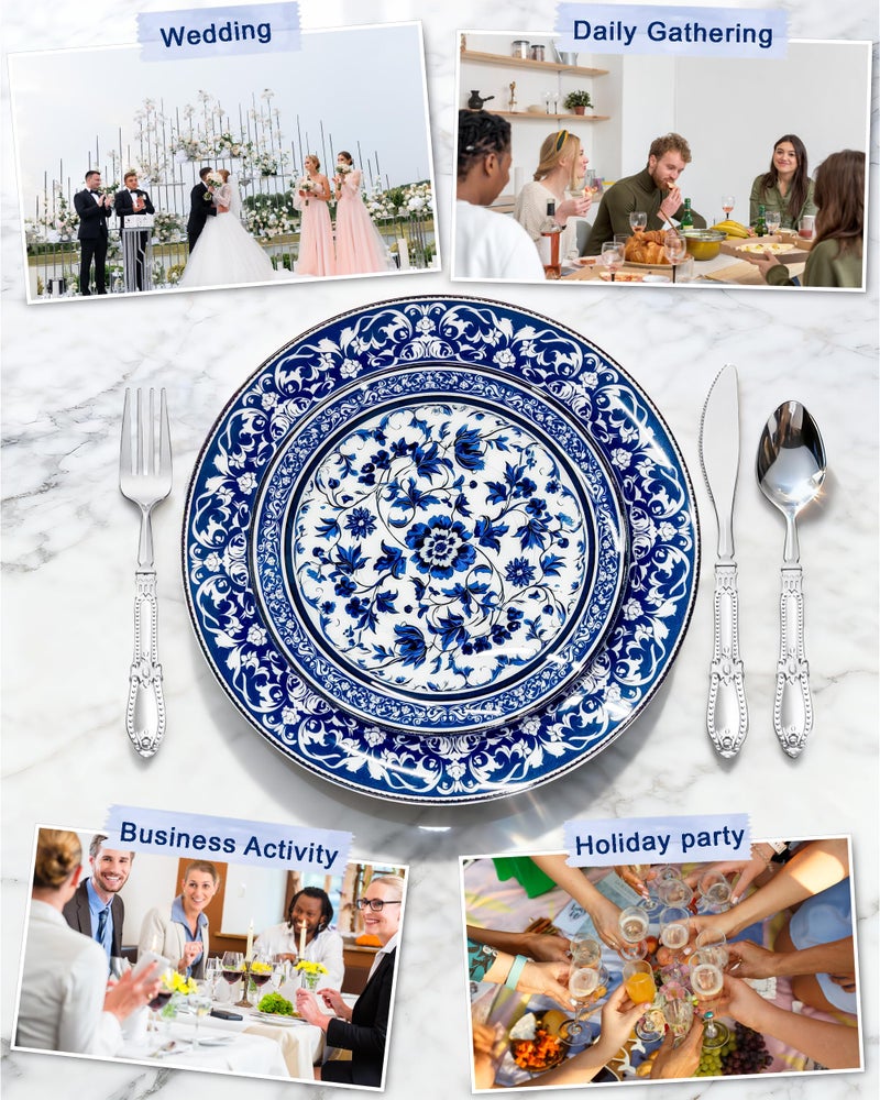 Hioasis 60pcs Blue Plastic Plates Set - Floral Blue & White Porcelain Design, 10.25" Dinner & 7.5" Dessert Plates Disposable for Wedding (Dishwasher Safe, Art Style) - Image 5