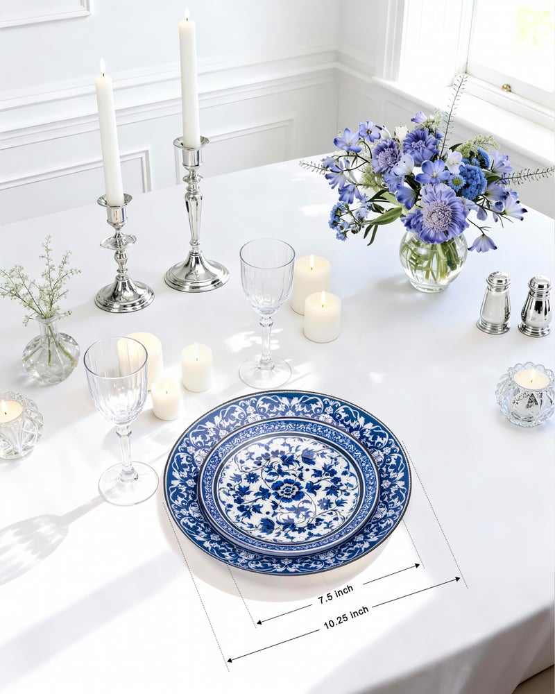 Hioasis 60pcs Blue Plastic Plates Set - Floral Blue & White Porcelain Design, 10.25" Dinner & 7.5" Dessert Plates Disposable for Wedding (Dishwasher Safe, Art Style) - Image 2