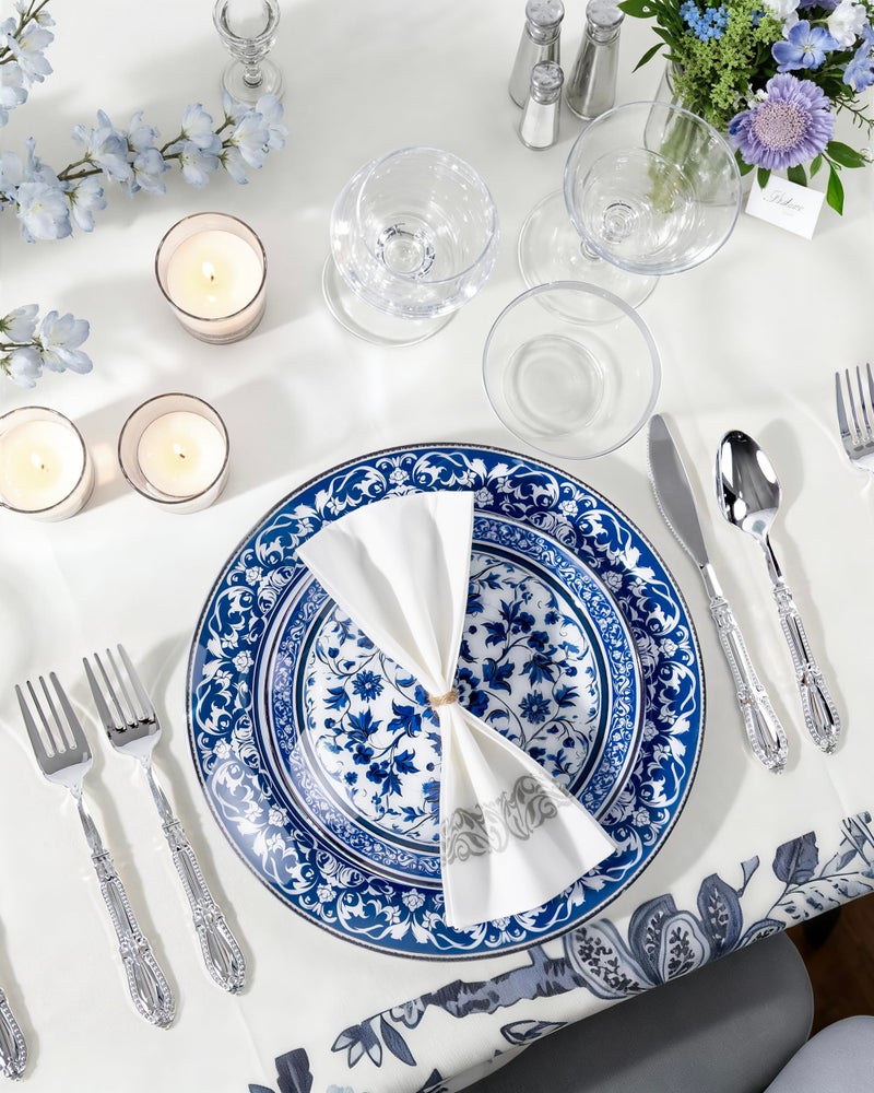 Hioasis 60pcs Blue Plastic Plates Set - Floral Blue & White Porcelain Design, 10.25" Dinner & 7.5" Dessert Plates Disposable for Wedding (Dishwasher Safe, Art Style) - Image 3