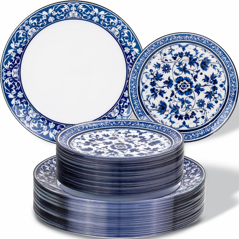 Hioasis 60pcs Blue Plastic Plates Set - Floral Blue & White Porcelain Design, 10.25" Dinner & 7.5" Dessert Plates Disposable for Wedding (Dishwasher Safe, Art Style) - Image 1