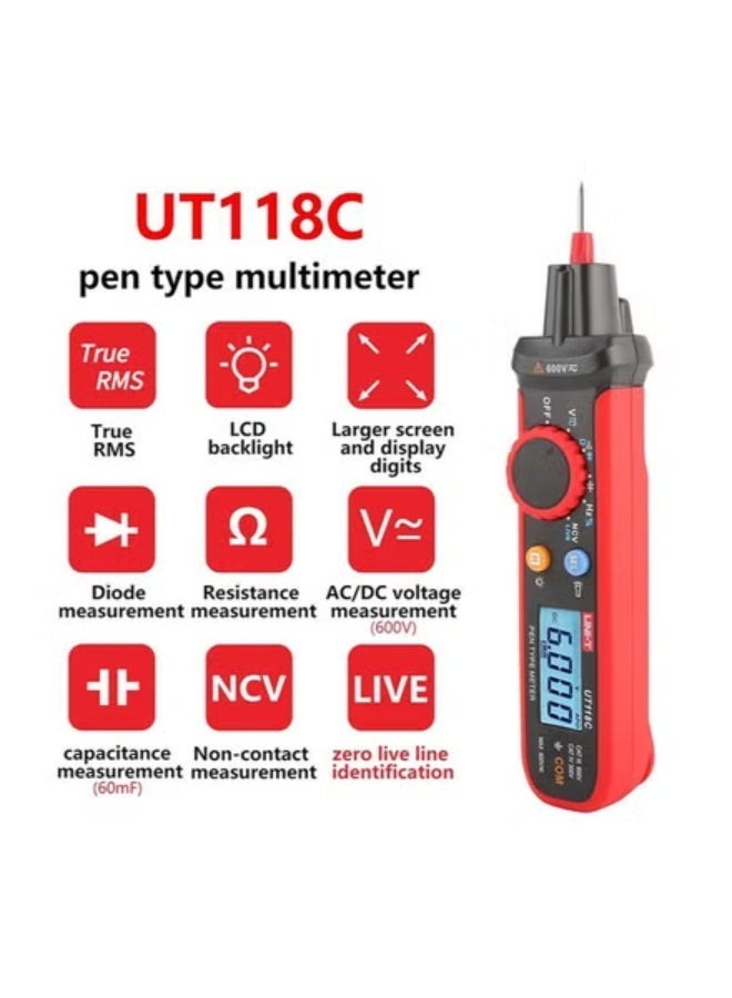 يوني تي مقياس متعدد بنمط القلم UNI-T UT118C - جهاز رقمي بقياس حقيقي RMS لجهد التيار المتردد/المستمر، المقاومة، السعة، التردد وتحديد الجهد غير المتصل - Image 3