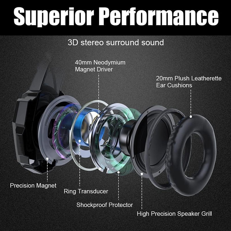 BENGOO G9000 Stereo Gaming Headset for PS4 PC Xbox One PS5 Controller, Noise Cancelling Over Ear Headphones with Mic, LED Light, Bass Surround, Soft Memory Earmuffs for Laptop Mac - Black - Image 2