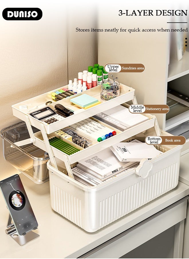 DUNISO Family Medicine Storage Box Container, 3 Layers Folding First Aid Box Organizer with Locking Lid Handle, Multipurpose Durable Craft Tool Case Plastic Professional Emergency Bin for Home Travel Car Camping Office  - Image 3