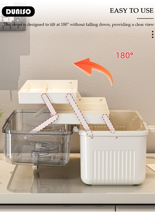 DUNISO - Family Medicine Storage Box Container, 3 Layers Folding First Aid Box Organizer with Locking Lid Handle, Multipurpose Durable Craft Tool Case Plastic Professional Emergency Bin for Home Travel Car Camping Office - Image 1