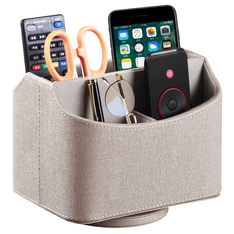PUSU Leather 360Â°Rotatable Remote Control Holder,Nightstand TV Remote Caddy,Office Supplies Desktop Organizer,Spinning Storage Box for Pen,Mail,Phone,DVD, Blu-Ray, Media Player, Heater Controllers - Image 1