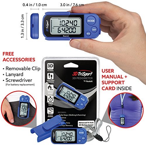 Realalt 3DTriSport Walking 3D Pedometer with Clip & Strap, eBook Included | 30 Days Memory, Accurate Step Counter, Walking Distance Miles/Km, Calorie Counter, Daily Exercise Time Monitor - Blue - Image 4