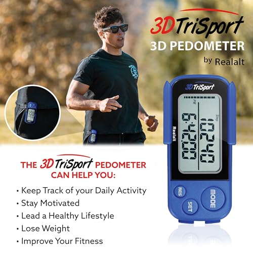 Realalt 3DTriSport Walking 3D Pedometer with Clip & Strap, eBook Included | 30 Days Memory, Accurate Step Counter, Walking Distance Miles/Km, Calorie Counter, Daily Exercise Time Monitor - Blue - Image 3