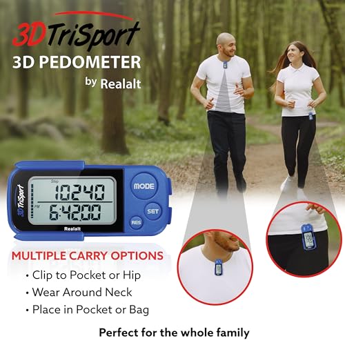 Realalt 3DTriSport Walking 3D Pedometer with Clip & Strap, eBook Included | 30 Days Memory, Accurate Step Counter, Walking Distance Miles/Km, Calorie Counter, Daily Exercise Time Monitor - Blue - Image 5
