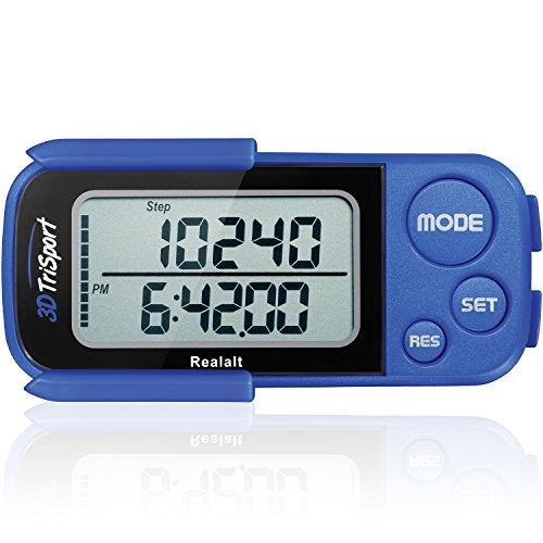 Realalt 3DTriSport Walking 3D Pedometer with Clip & Strap, eBook Included | 30 Days Memory, Accurate Step Counter, Walking Distance Miles/Km, Calorie Counter, Daily Exercise Time Monitor - Blue - Image 1