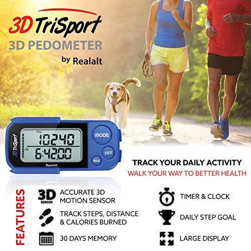 Realalt 3DTriSport Walking 3D Pedometer with Clip & Strap, eBook Included | 30 Days Memory, Accurate Step Counter, Walking Distance Miles/Km, Calorie Counter, Daily Exercise Time Monitor - Blue - Image 2