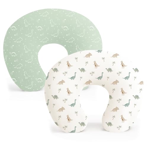 Konssy 2 Pack Nursing Pillow Covers Stretchy and Soft Nursing Cover for Breastfeeding Pillows Pillow Slipcover for Baby Girls Boys Newborn Dino Jungle Sage - Image 1