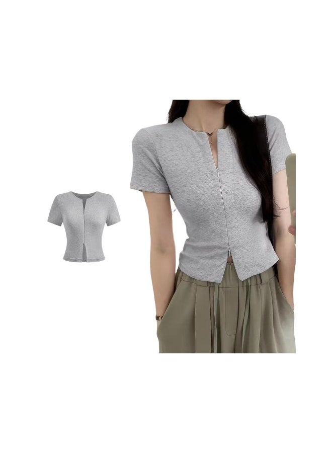Unique GRAY small Unique Double-Zipper Short-Sleeved T-Shirt for Women Straight-Shoulder Slim-Fit Round-Neck Top - Image 1