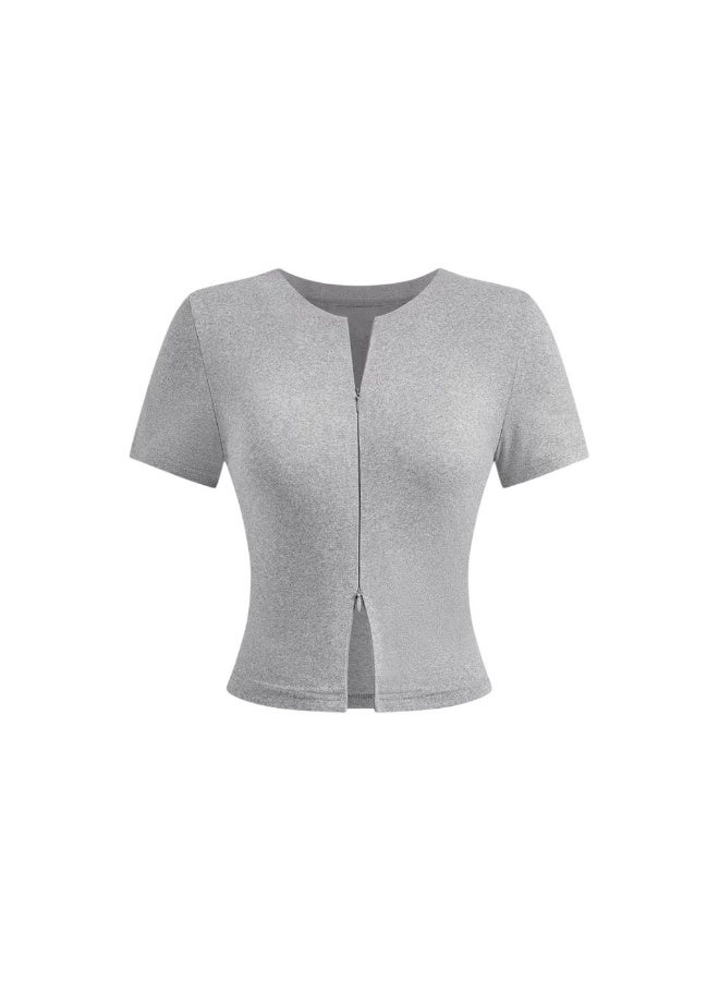 Unique GRAY small Unique Double-Zipper Short-Sleeved T-Shirt for Women Straight-Shoulder Slim-Fit Round-Neck Top - Image 2