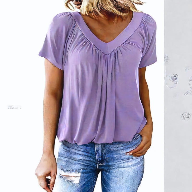 V Neck Raglan Sleeve T-Shirt with Shirring Detail for Casual Daily Wear - Image 1