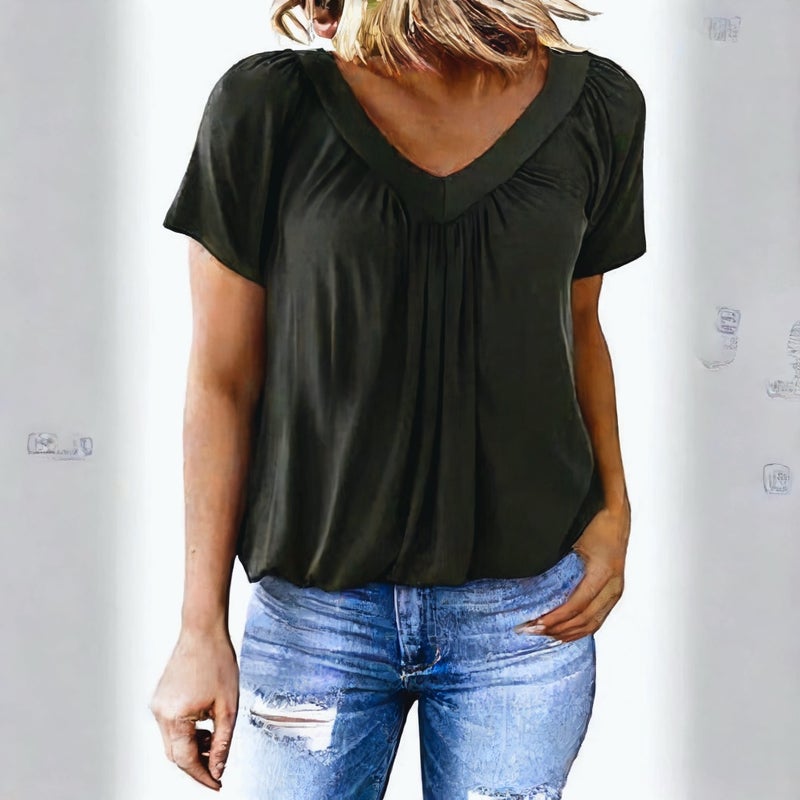 V Neck Raglan Sleeve T-Shirt with Shirring Detail for Casual Daily Wear - Image 3