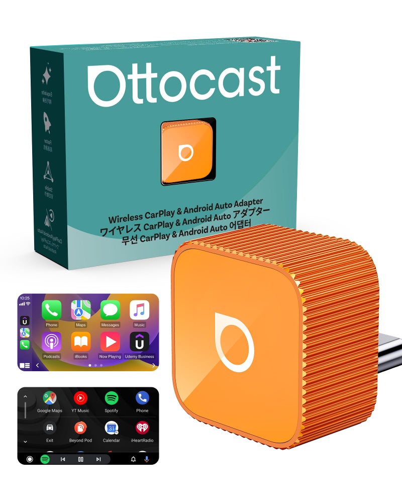 Ottocast محول OTTOCAST ميني كيوب 3.0 اللاسلكي لسيارة كار بلاي لهواتف آبل آيفون، محول 2 في 1 لكار بلاي وأندرويد أوتو، تحويل كار بلاي السلكي إلى لاسلكي، زمن استجابة منخفض (برتقالي، USB C) - Image 1