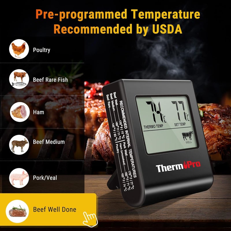 ThermoPro TP16 مقياس حرارة رقمي كبير LCD للحوم للطهي، التدخين، الشواء، مؤشر درجة حرارة الطعام مع مؤقت ساعة ومسبار من الفولاذ المقاوم للصدأ، أسود - Image 2