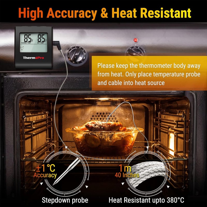 ThermoPro TP16 مقياس حرارة رقمي كبير LCD للحوم للطهي، التدخين، الشواء، مؤشر درجة حرارة الطعام مع مؤقت ساعة ومسبار من الفولاذ المقاوم للصدأ، أسود - Image 3