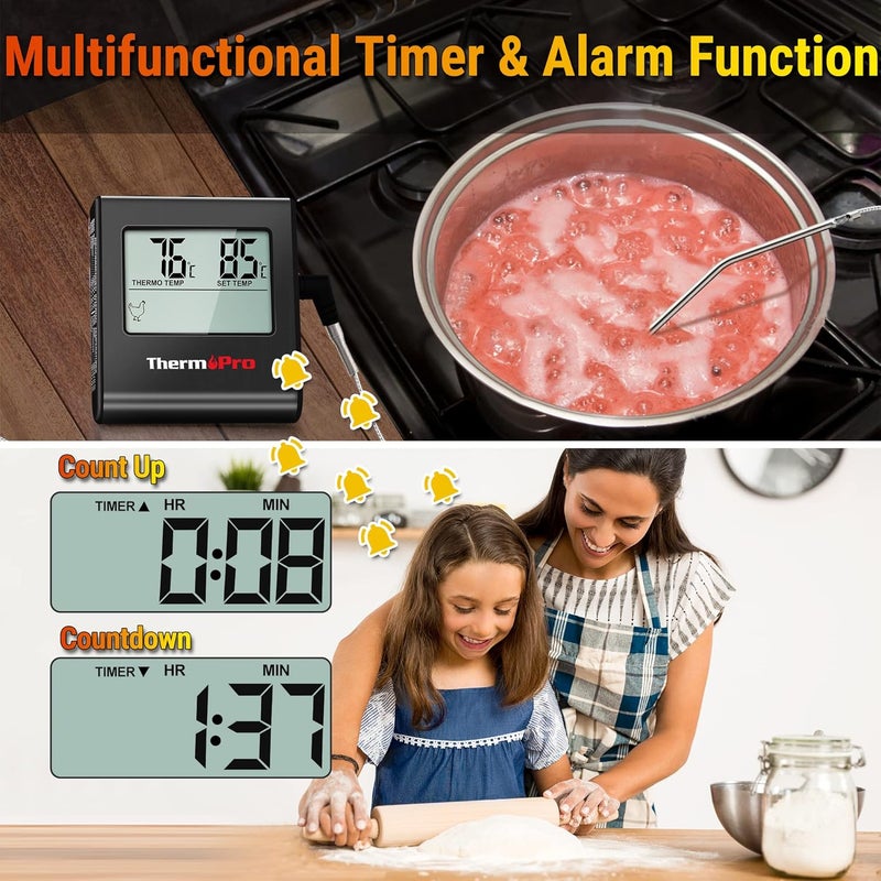 ThermoPro TP16 مقياس حرارة رقمي كبير LCD للحوم للطهي، التدخين، الشواء، مؤشر درجة حرارة الطعام مع مؤقت ساعة ومسبار من الفولاذ المقاوم للصدأ، أسود - Image 5
