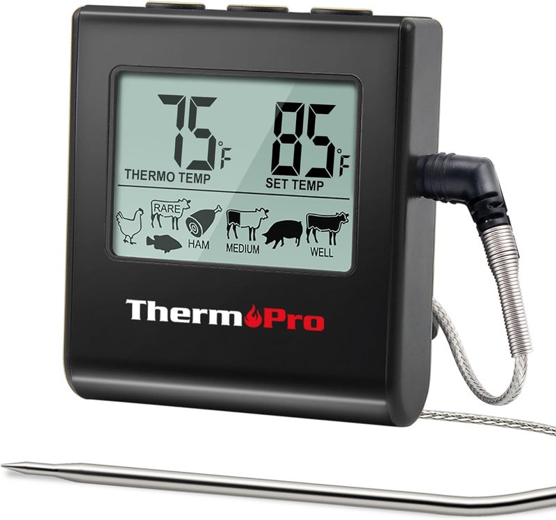 ThermoPro TP16 مقياس حرارة رقمي كبير LCD للحوم للطهي، التدخين، الشواء، مؤشر درجة حرارة الطعام مع مؤقت ساعة ومسبار من الفولاذ المقاوم للصدأ، أسود - Image 1