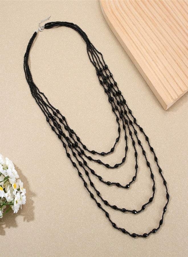 Xalroco Long Layered Necklace for Women Trendy Colorful Boho Chunky Crystal Beaded Jewelry Womens Dainty Statement Fashion Necklaces Costume Bead Strand Necklace (Sparkly Black) - Image 5