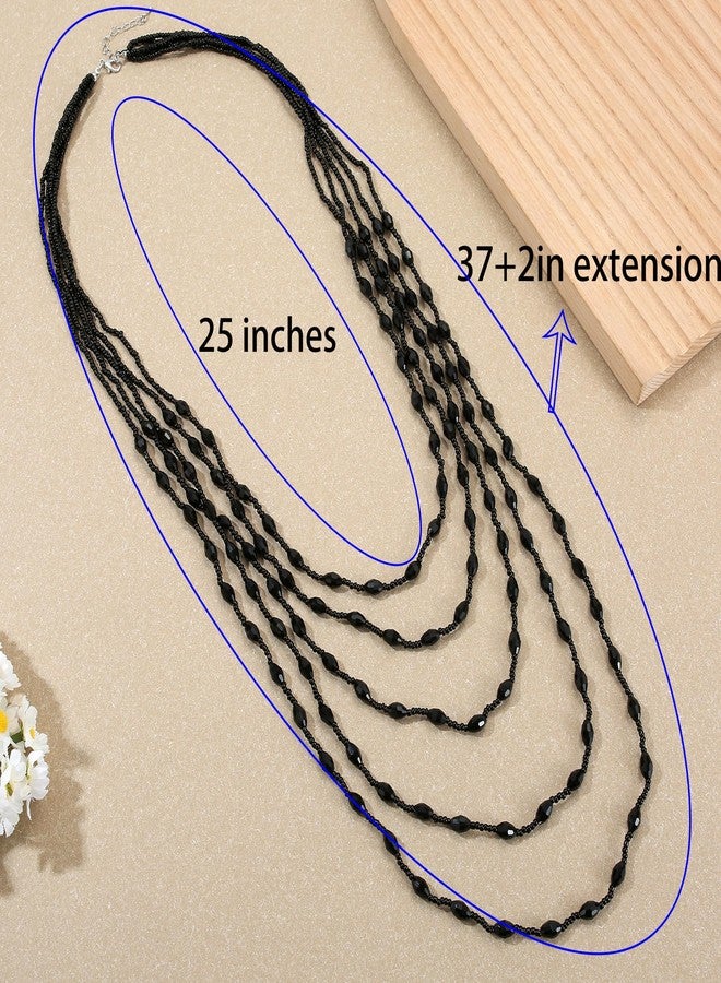 Xalroco Long Layered Necklace for Women Trendy Colorful Boho Chunky Crystal Beaded Jewelry Womens Dainty Statement Fashion Necklaces Costume Bead Strand Necklace (Sparkly Black) - Image 4