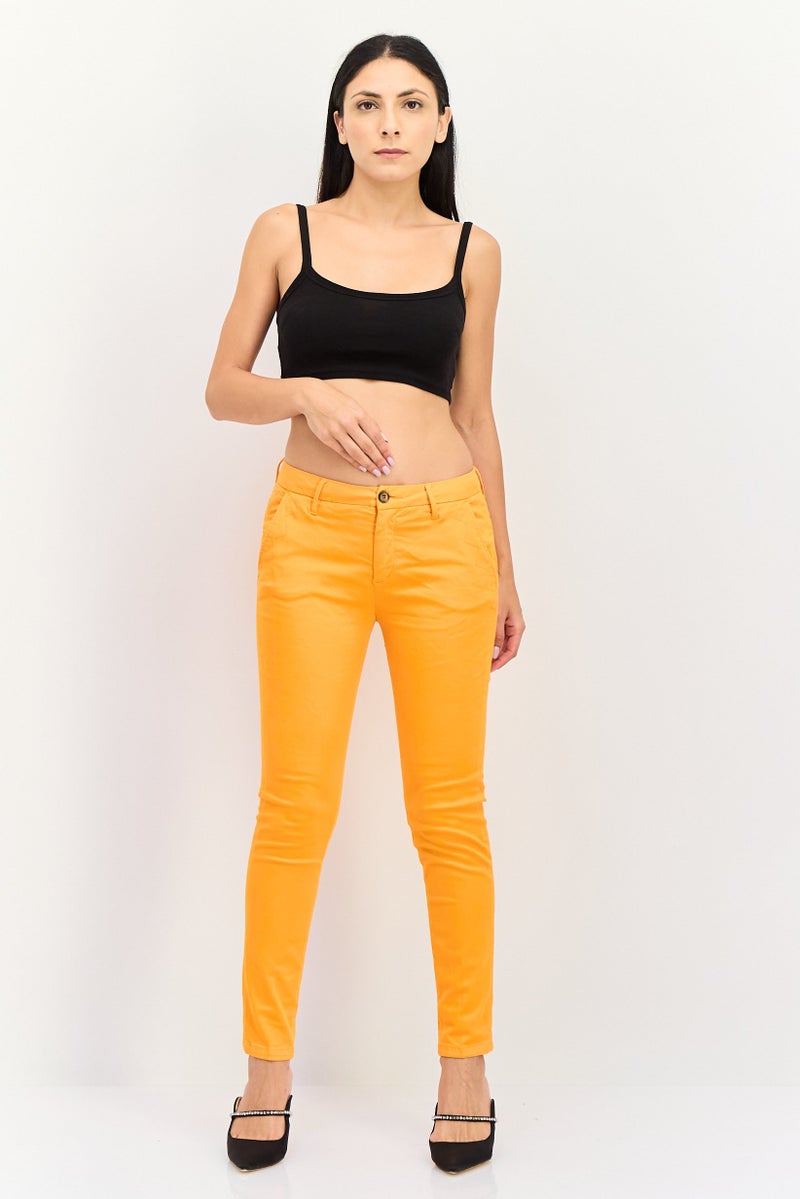 Reiko Women Cropped Fit Plain Chino Pants, Orange - Image 4