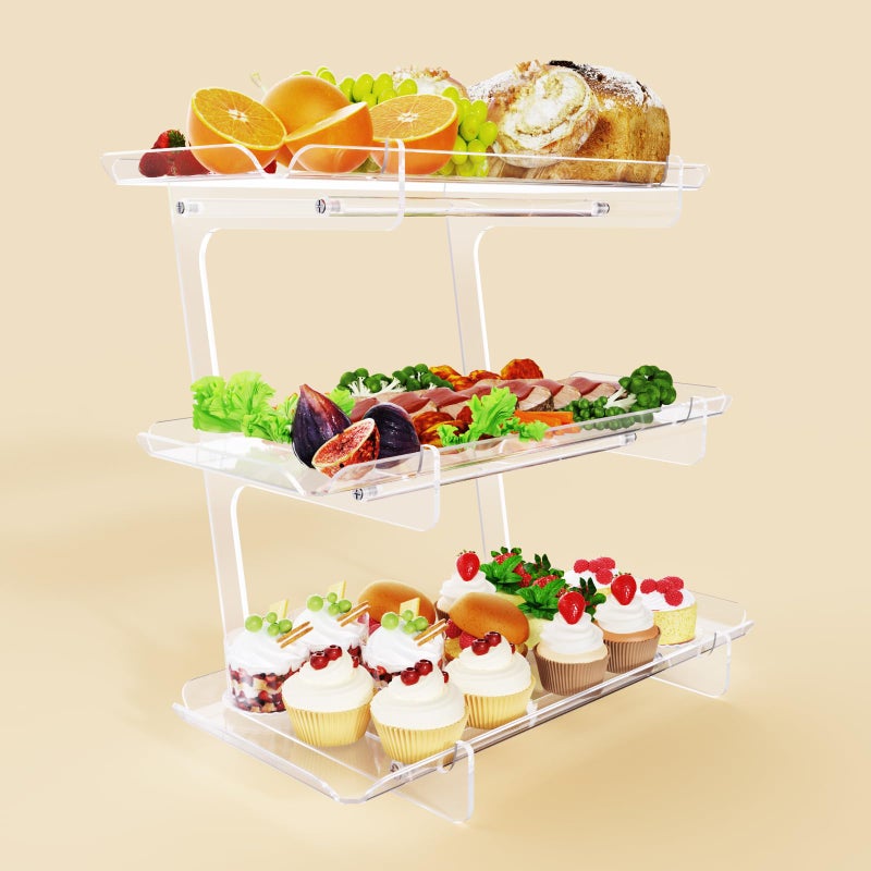 Bakzon 3 Tier Acrylic Serving Tray 153 x 71 Dessert Table Display Set Stand for Party Desserts Fruits Cookies  Reusable Collapsible Tiered Platters for Cupcakes Veggies and Sweet Treats