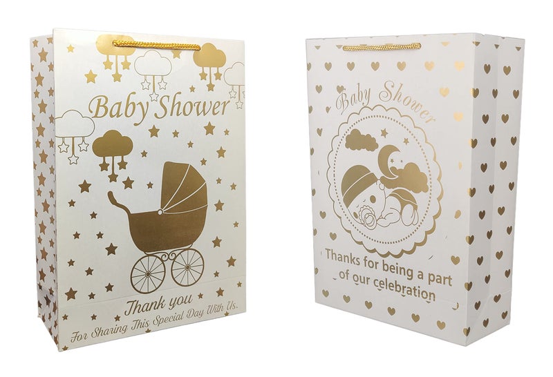 TASCHE Gold Baby Shower and Trolly Baby Shower Design Printed Assorted Paper Carry Bags | Gift Bags for Return gifts, and Birthday presents (11 * 8 * 3 Inches) (Pack of 24) - Image 1